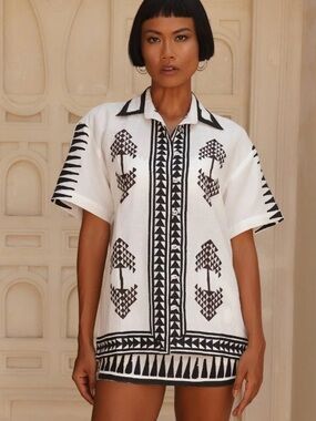 Mo Maya Linen Printed Tara Shirt OS NWT